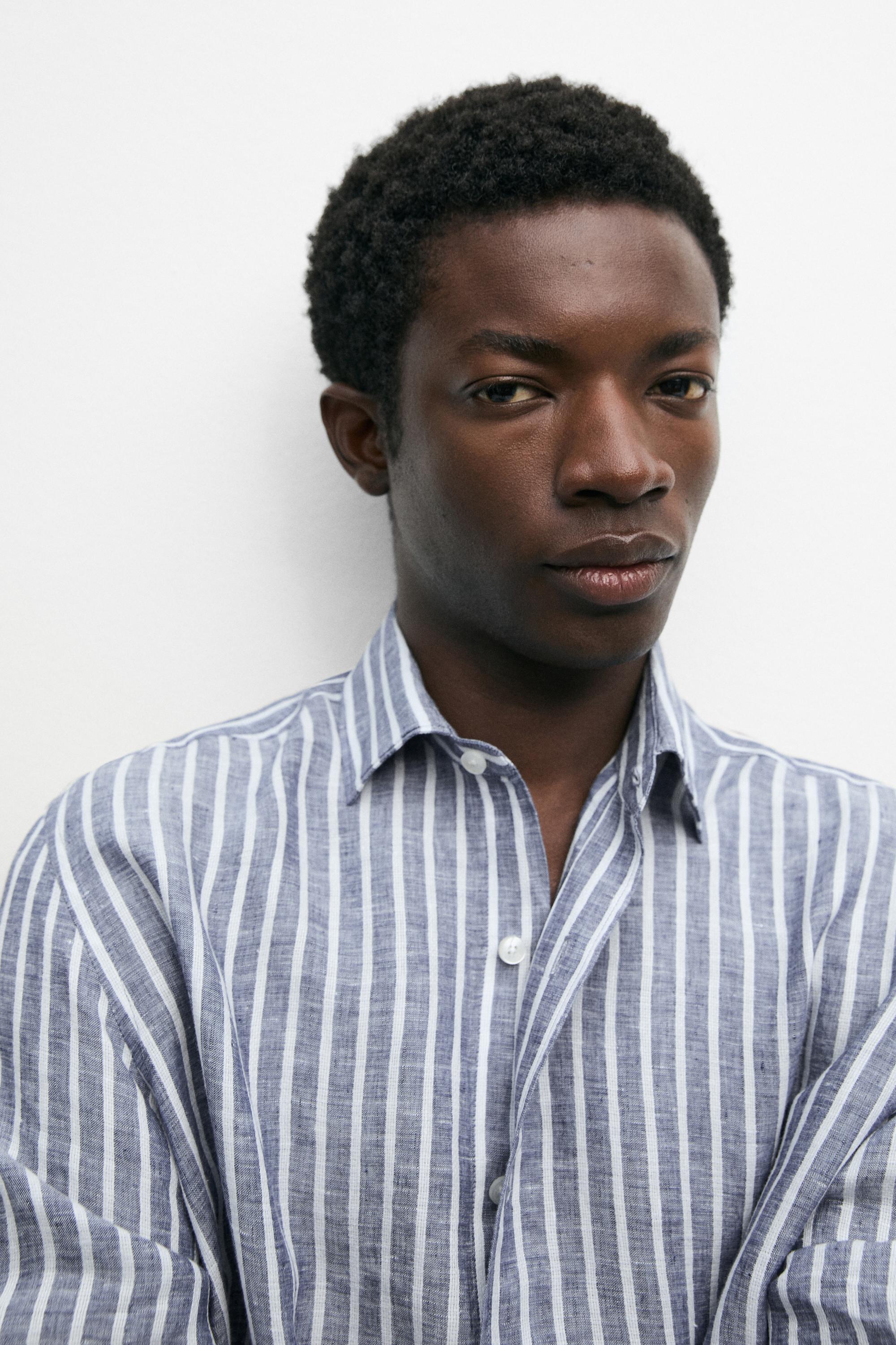Regular fit striped 100% linen shirt